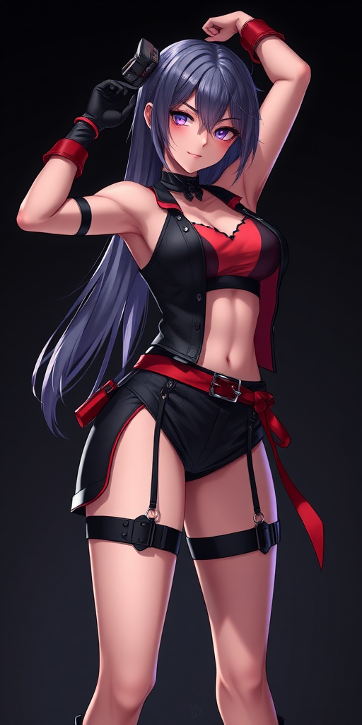 Create a high-resolution image of a female character in a stylish, revealing outfit with black and red colors, standing confidently with one arm raised; camera settings: f/2.8, ISO 100, 1/125s; camera view: portrait; camera style: dramatic lighting; camera type: DSLR.