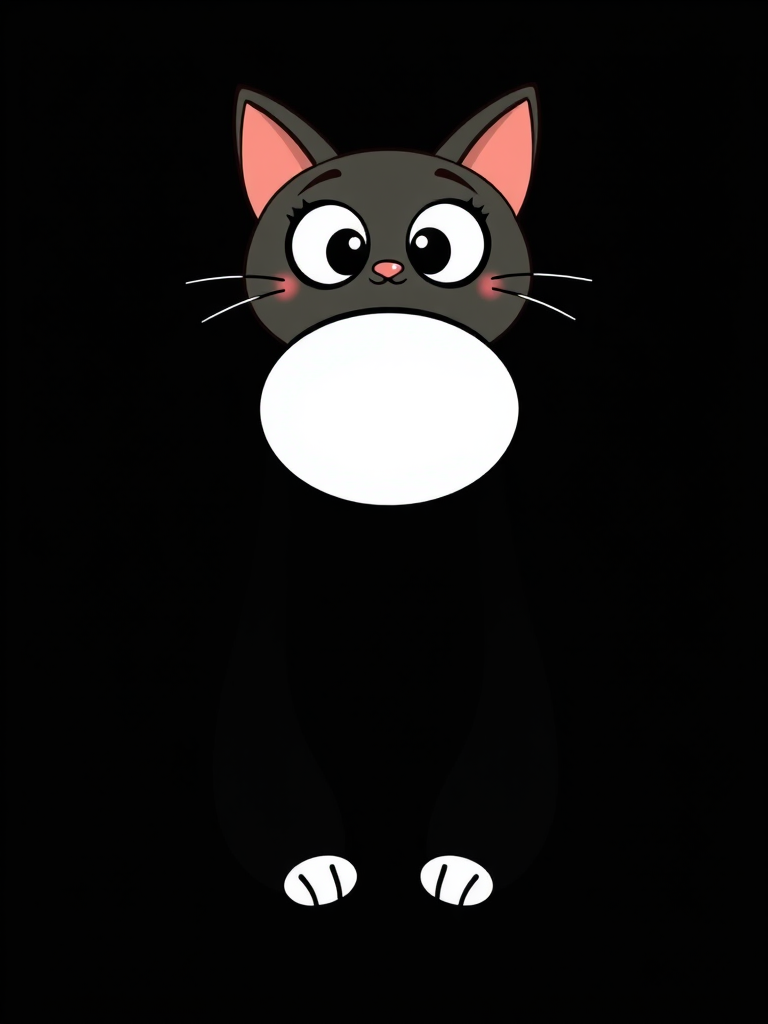 Create a whimsical cartoon image featuring a playful cat character with large eyes, a blank oval space in the center, and small oval shapes at the bottom, taken with a DSLR camera at 50mm, f/1.8 aperture, ISO 100, and a soft focus style against a solid black background.