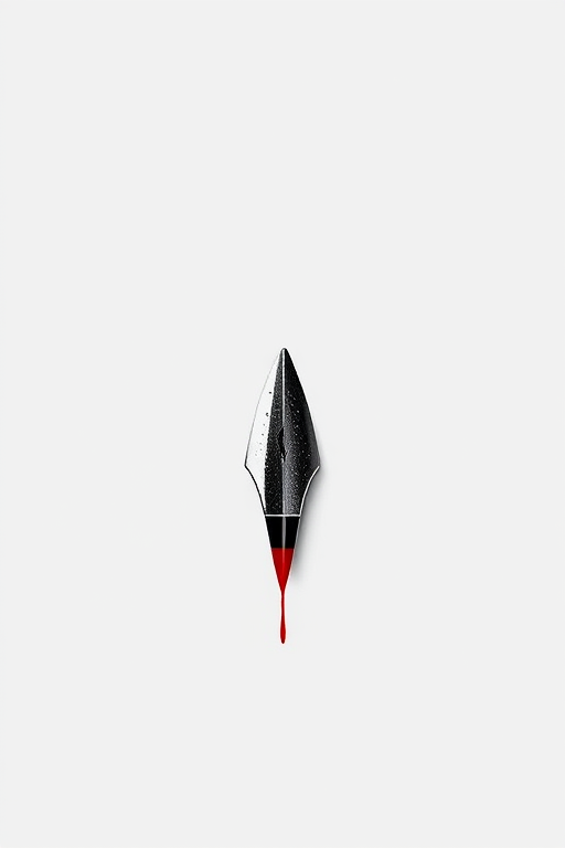 Create a minimalist design featuring a stylized pen nib with a flowing red ink line, using a Canon EOS 5D Mark IV, f/8 aperture, ISO 200, 50mm lens, and a top-down view to enhance clarity and contrast.