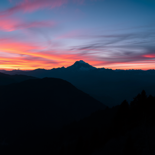 Generate a high-resolution silhouette of a mountain landscape at sunset with vibrant colors, using a DSLR camera with a 50mm lens, aperture set to f/2.8, ISO 100, and a wide-angle view for enhanced depth and detail.