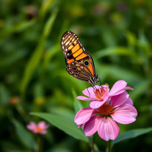 Generate an image of a butterfly perched on a pink flower in a lush green environment. The butterfly should have intricate patterns on its wings, showcasing vibrant colors. The background should be softly blurred to emphasize the butterfly and the flower.