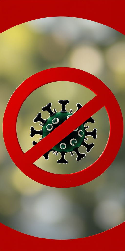 Create a high-resolution image of a circular "no" symbol featuring a stylized virus illustration inside, using a DSLR camera with a 50mm lens, f/8 aperture, ISO 100, and natural lighting to enhance detail and clarity, shot from a front view.