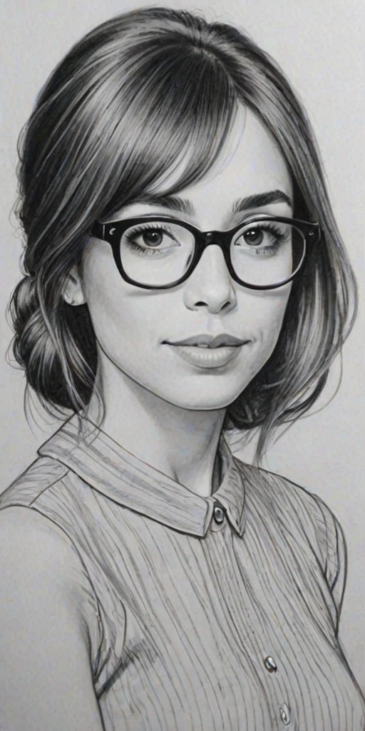 Beauteous Cristin Milioti, pencil sketch, portrait of Elegant woman 1965s in glasses, hair style beatnik, outline, clear lines, fine lines, 8k