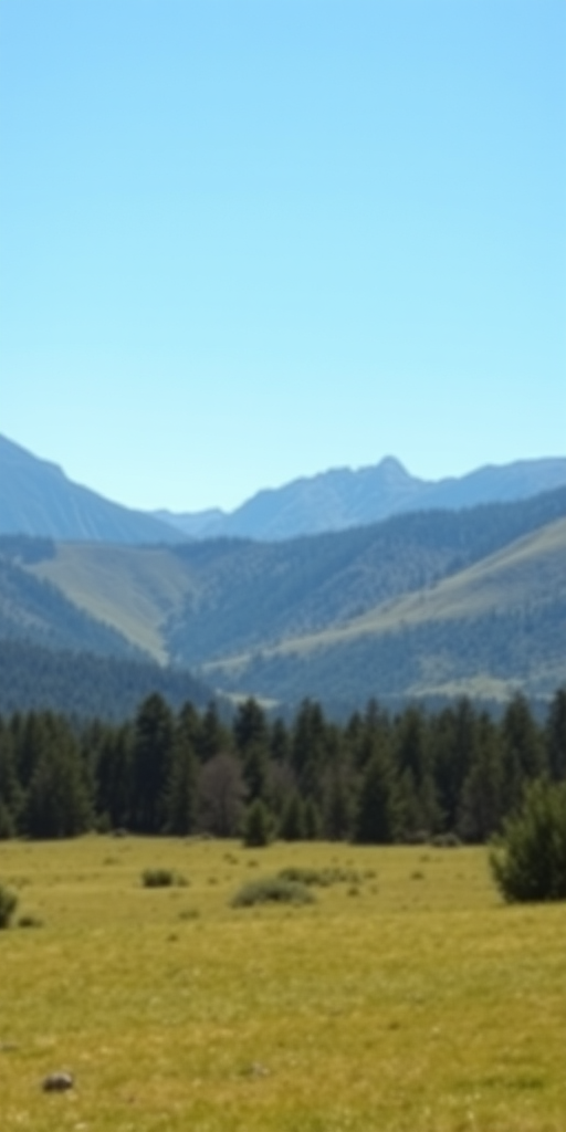Create an image of a serene landscape with mountains in the background and a clear blue sky, using a DSLR camera with a 50mm lens, aperture set to f/1.8, ISO 100, and a shutter speed of 1/200s, taken from a slightly elevated angle to capture depth and detail.