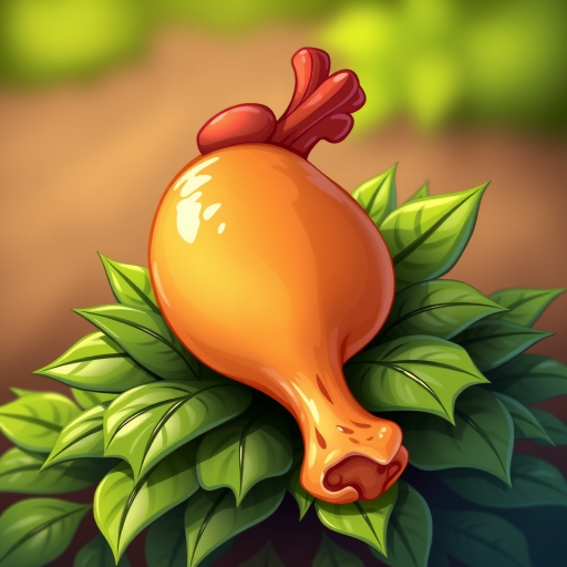 Create a vibrant, cartoon-style illustration of a chicken drumstick resting on green leaves, using a DSLR camera with a 50mm lens at f/2.8 aperture, ISO 100, and a soft focus background for depth.