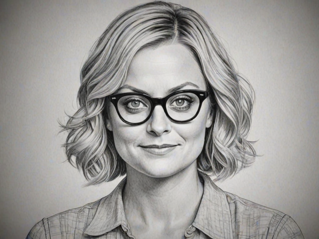 Gorgeous Amy Poehler, pencil sketch, portrait of Enchanting woman 1931s in glasses, hair style beatnik, outline, clear lines, fine lines, 8k