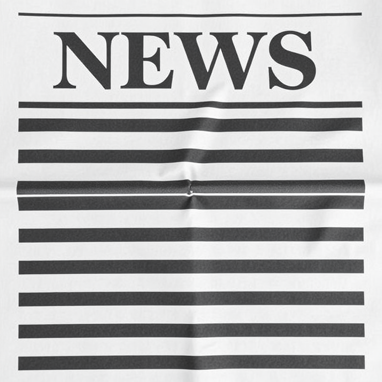Generate a high-resolution image of a modern newspaper layout featuring the word "NEWS" prominently at the top, with alternating black and white horizontal stripes below, captured with a DSLR camera at f/8 aperture, 50mm lens, ISO 100, using a top-down view for a clean and professional appearance.