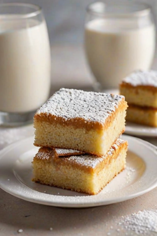 Generate an image of a stack of golden, fluffy cake squares dusted with powdered sugar, served on a white plate. In the background, include a glass of cold milk. The scene should have a soft, inviting ambiance.