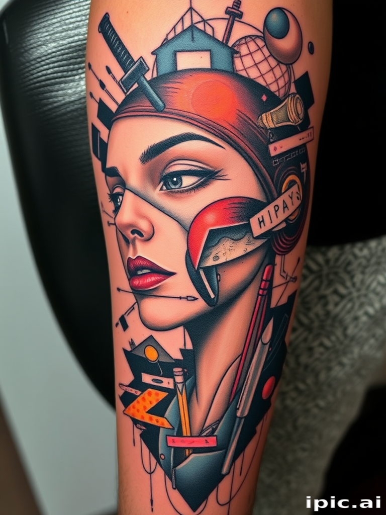 Avant-garde tattoo called "Fragmented Reality" blending abstract shapes, distorted portraits, and surreal elements in a collage-like composition, challenging traditional tattoo conventions with its experimental approach