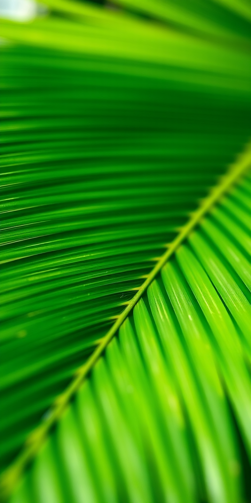 close-up of a vibrant green palm leaf with detailed texture, natural soft lighting, shallow depth of field, macro lens, f/2.8 aperture, ISO 200, 50mm focal length, DSLR camera