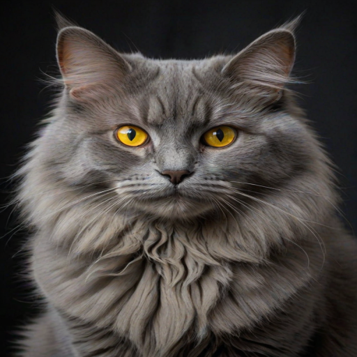 Generate a portrait of a fluffy gray cat with striking yellow eyes, sitting against a dark background.