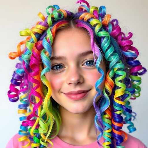 Vibrant image of a teenager with Rainbow Prism locks, each section dyed a different bright hue, styled in tight spiral curls forming a halo around their face