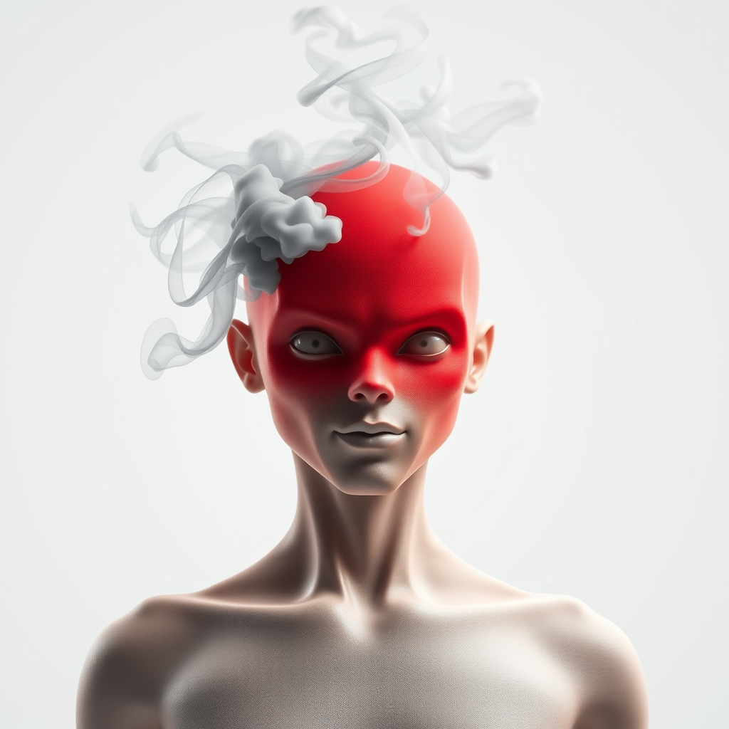 Generate a 3D character design of a humanoid figure with a red-tinted head, surrounded by wisps of gray smoke, using a Canon EOS R5 camera at f/8, 1/125 sec shutter speed, ISO 100, in a studio lighting setup with a clean white background.