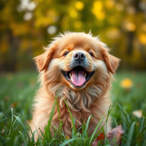 Regenerate an image of a fluffy brown dog with a joyful expression, surrounded by green grass and soft autumn foliage, shot with a Canon EOS 5D Mark IV, 85mm lens, aperture f/1.8, ISO 200, shallow depth of field, and natural lighting.