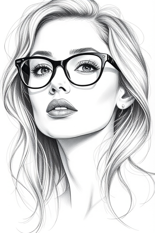 Beautiful Natalie Portman, pencil sketch, portrait of beautiful woman 60s in glasses, hair style beatnik, outline, clear lines, fine lines, 8k