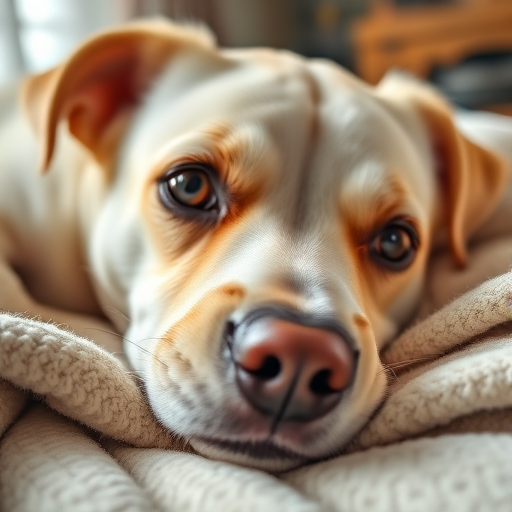 A close-up shot of a light-colored dog resting on a soft blanket, with sharp focus on the dog's eyes and nose, using a DSLR camera with a 50mm lens, aperture set to f/1.8, ISO 200, and natural light for a warm, inviting atmosphere.