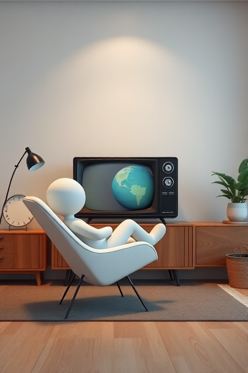create a high-resolution 3D rendering of a minimalistic living room scene featuring a cartoonish figure relaxing on a modern chair in front of a vintage television set, use a Canon EOS R5 camera with a 35mm lens, aperture f/2.8, ISO 100, and a soft focus background for depth enhancement