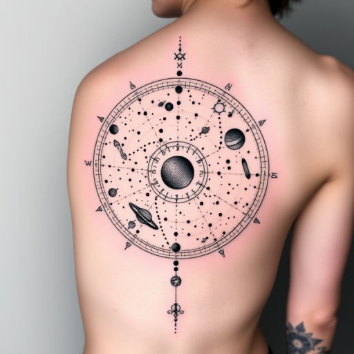 Mesmerizing dotwork tattoo depicting an intricate celestial map with constellations and planets, tiny precise dots forming subtle gradients and textures, monochromatic black ink for a timeless and elegant appearance