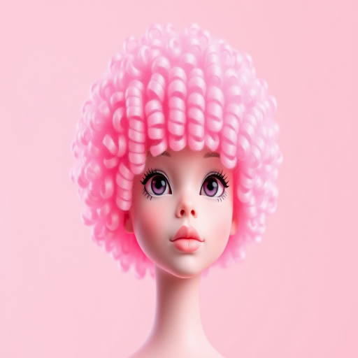 Playful bubblegum pink afro named "Cotton Candy Cloud" shaped into a perfect sphere, showcasing springy coils and a gradient effect fading to pastel pink edges