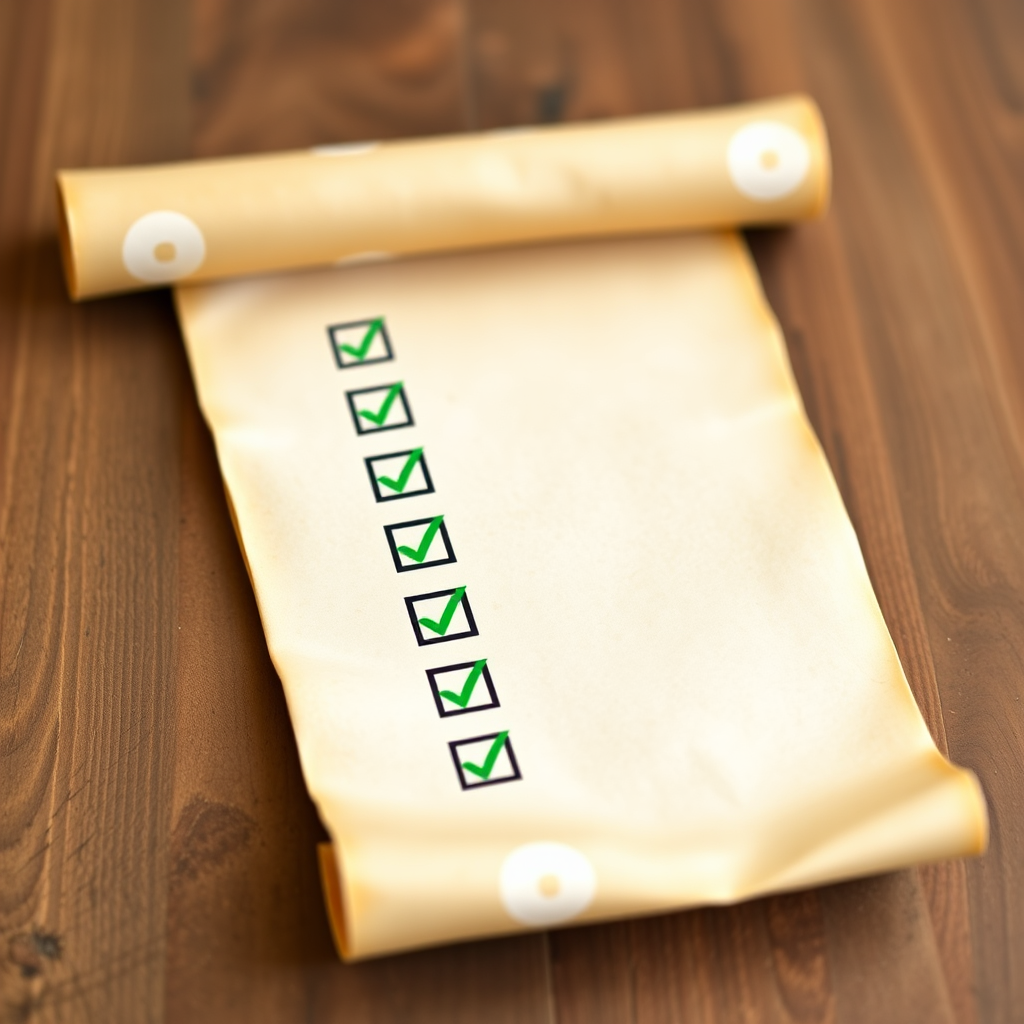 Create a high-resolution vector image of a checklist on a scroll with green checkmarks, using a DSLR camera with a 50mm lens at f/2.8 aperture, a 1/200 shutter speed, and a soft-focus background to enhance the subject.