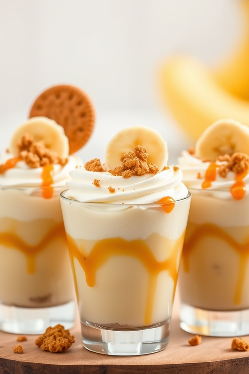 Create an image of three dessert cups layered with banana pudding whipped cream and crushed graham crackers topped with banana slices caramel drizzle and cookie crumbs in a bright setting.
