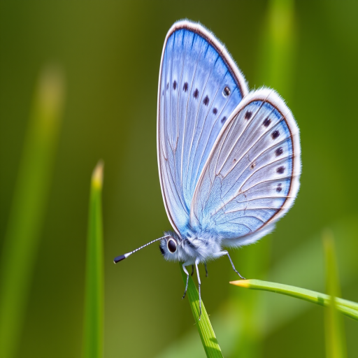 macro shot of a blue butterfly perched on a green blade of grass, f/2.8 aperture, 1/200 sec shutter speed, ISO 100, natural lighting, slight bokeh background, DSLR camera