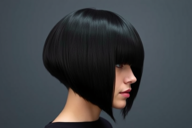 Sleek onyx black long bob with razor-sharp edges, the "Obsidian Blade" cut exudes power and confidence with its bold minimalist design