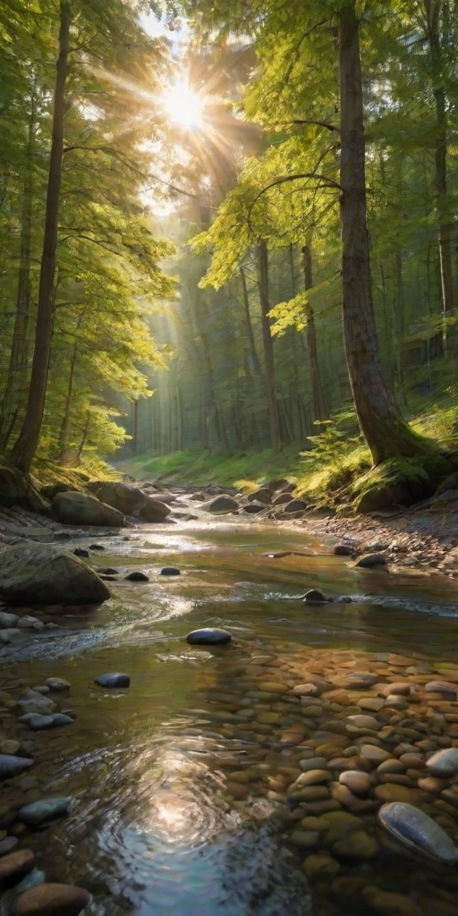 Create an image of a serene, sunlit forest scene with a clear, gently flowing river. Tall trees with lush green foliage line both sides of the river, their leaves bathed in the warm golden light of the setting or rising sun. The sunlight filters through the trees, casting soft, dappled light on the river, which flows over smooth rocks and pebbles, creating a peaceful, natural atmosphere. The sky is bright with a few scattered clouds, and the overall mood is tranquil, evoking a deep sense of connection with nature. The image captures the beauty of a calm, pristine forest landscape at either dawn or dusk.