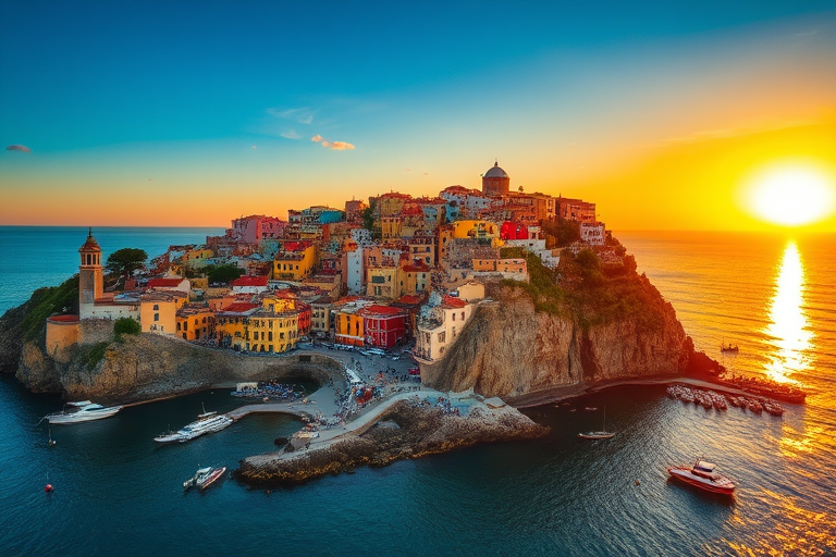 sunset over a coastal village with colorful houses on cliffs, golden light reflecting on the water, tranquil sea, with a clock tower and boats in the bay, taken with a DSLR camera at f/8 aperture, ISO 200, 24mm lens, golden hour shot, aerial view, wide-angle perspective