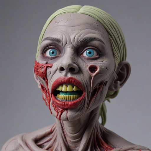 (perspective) of A creepy (ethnicity) zombie cyborg with (descriptive color) skin, (color) lipstick (color) liquid flowing from her eyes and mouth, (perspective two) portrait, (camera angle), extremely detailed, (art style) in the style of Yoshitaka Amano and Tetsuo Hara. --ar 85:128 --style raw --niji 6