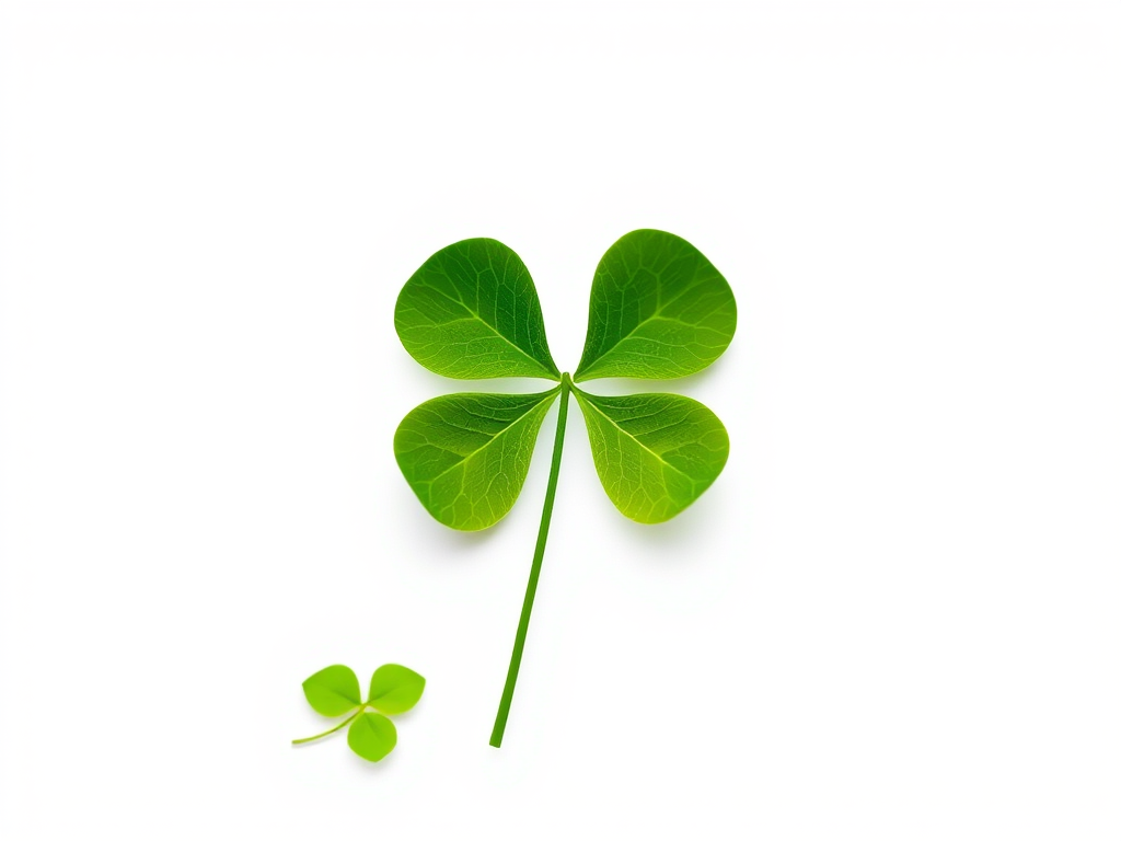 Create a high-resolution image of a green four-leaf clover on a white background, using a DSLR camera with a 50mm lens, aperture set to f/2.8, ISO 100, and a shallow depth of field for a soft bokeh effect.