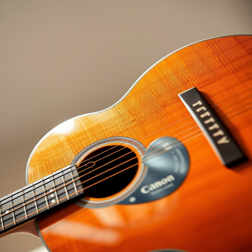 Create a high-resolution image of an acoustic guitar positioned at a 45-degree angle, using a Canon EOS R5 camera, with an aperture of f/2.8, ISO 100, and a shutter speed of 1/125s, in soft natural lighting to enhance details and textures.