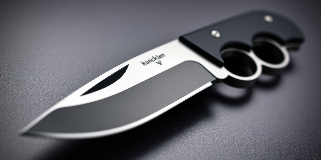 Create a high-resolution close-up image of a knuckle duster knife with a shiny blade and matte grip, using a DSLR camera with a 50mm lens, f/2.8 aperture, ISO 100, and a softbox for even lighting.