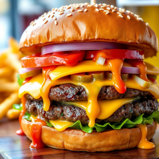 High-resolution, close-up image of a gourmet double cheeseburger. The burger features a glossy, sesame-seed-topped brioche bun. Inside, there are two thick, juicy beef patties, each topped with melted cheddar cheese. The burger is garnished with fresh lettuce, tomato slices, diced onions, and pickles. A generous amount of ketchup and a creamy, orange-colored sauce is dripping down the sides, adding to the mouth-watering appeal. In the background, there are blurred elements including a side of golden French fries and a hint of a beverage, enhancing the overall presentation of a delicious meal.