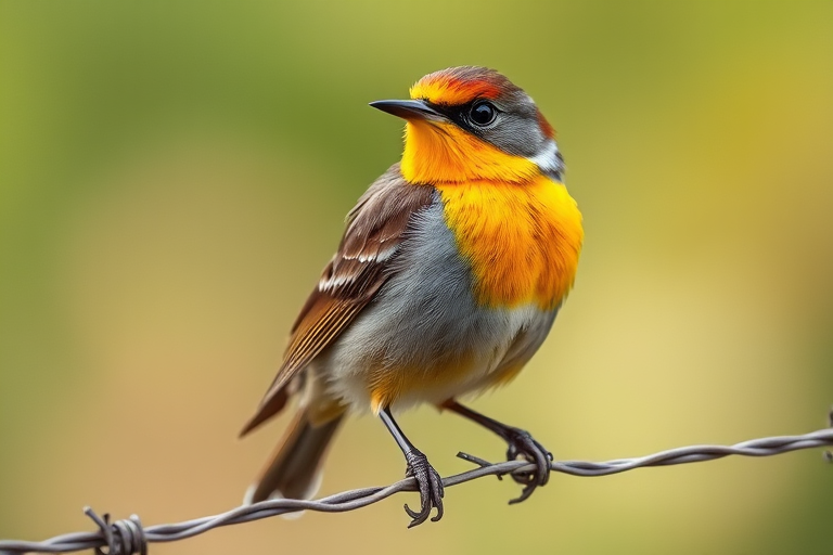 A vibrant bird with a yellow chest perched on a barbed wire fence, captured with a DSLR camera at 200mm focal length, aperture f/4, ISO 200, in natural light, shallow depth of field for a soft background, focusing on the bird in a detailed close-up view.