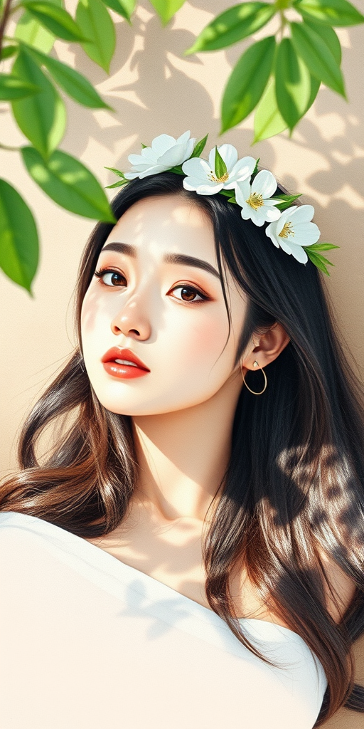 create a watercolor painting of an ethereal portrait of beautiful Korean woman with a simple white flower crown on her head. Her hair is long and she is lying on the ground. The sunlight on the trees casts shadows from the leaves on her face and body. The background is a neutral brown color that matches her skin tone. The image is minimalist and solid colors. This style is characterized by soft, delicate brushstrokes and a light, airy, contrasting color palette. High level of detail and play of light