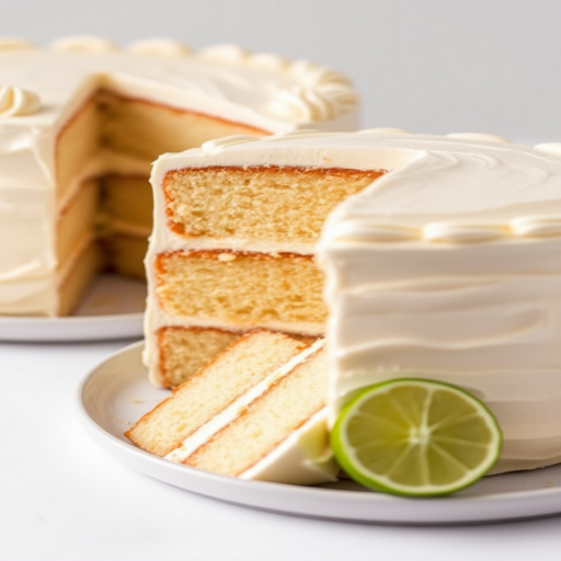 A beautifully layered vanilla cake with creamy white frosting and subtle caramel layers, showcasing a slice that reveals its moist texture and fluffy interior, accompanied by a fresh lime on the side, set against a simple white background.