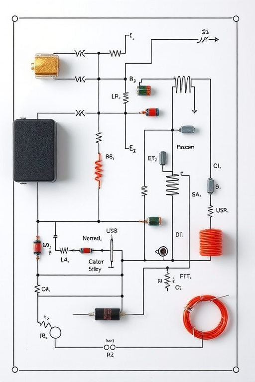 Create a high-resolution schematic diagram of an electric circuit featuring a battery, resistors, capacitors, and an inductor, captured using a DSLR camera with a f-stop of 8, ISO 200, shutter speed of 1/100s, in a top-down view for clarity and detail.