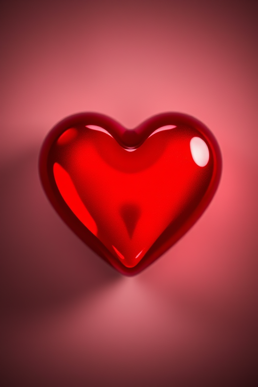 Create a high-resolution image of a shiny red heart, soft focus, 50mm lens, f/2.8 aperture, ISO 100, top-down view, DSLR camera.