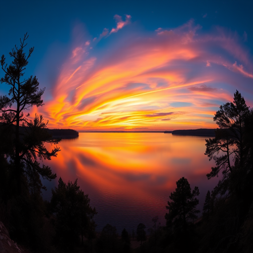Create a vibrant landscape of a serene sunset over a calm lake, with silhouettes of trees in the foreground, shot with a Canon EOS R5 at f/8, 1/100s, ISO 100, using a wide-angle lens, in a panoramic view to enhance depth and detail.