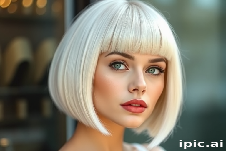 Stunning platinum blonde sporting a sleek, chin-length bob with blunt bangs, radiating modern chic and effortless confidence