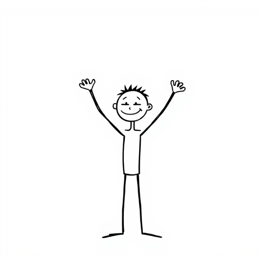 Create a high-resolution illustration of a stick figure with an exaggerated expression, arms raised, on a plain background, using a Canon EOS R5 with a 50mm lens at f/1.8, ISO 100, and a shutter speed of 1/200s.