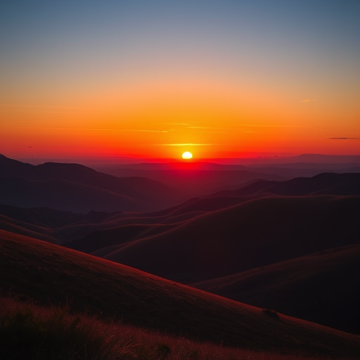 Create a high-resolution image of a stylized landscape featuring rolling hills and a vibrant sunset, shot with a DSLR camera at f/8 aperture, ISO 100, 50mm lens, in a wide-angle view, with vibrant colors and sharp details.