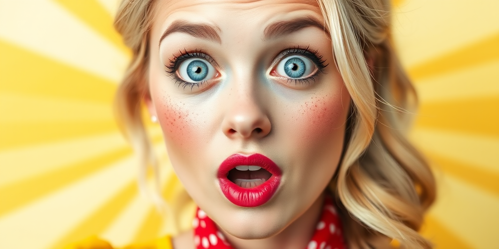 Create a vibrant pop art portrait of a surprised blonde woman with blue eyes and freckles, wearing a yellow dress with a red polka dot scarf, in a high-resolution style, using a DSLR camera with a 50mm lens, f/1.8 aperture, ISO 100, and soft diffused lighting for enhanced image quality.