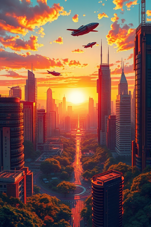 Create a detailed illustration of a futuristic city skyline at sunset with vibrant colors, including high-rise buildings, flying vehicles, and lush greenery, captured with a Canon EOS 5D Mark IV, ISO 200, f/8 aperture, 24mm lens, and a wide-angle view to enhance depth and detail.