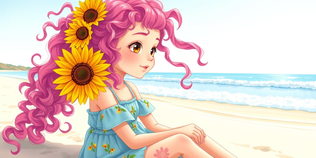 Create a vibrant illustration of a girl with pink curly hair and a sunflower in her hair, wearing a light blue dress with floral patterns, sitting on a beach with a background of clear skies and gentle waves, captured with a Canon EOS R5, 85mm lens, f/1.8 aperture, ISO 100, soft natural lighting for enhanced details and vivid colors.