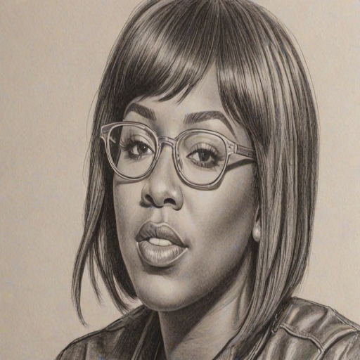 Resplendent Missy Elliott, pencil sketch, portrait of Charming woman 1961s in glasses, hair style beatnik, outline, clear lines, fine lines, 8k