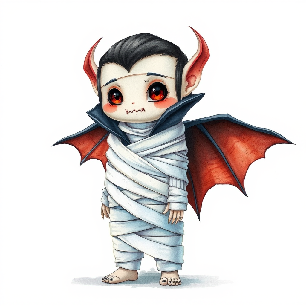 hyperrealism watercolor illustration. cute Dracula with white wrap wrapped like an upright walking mummy.