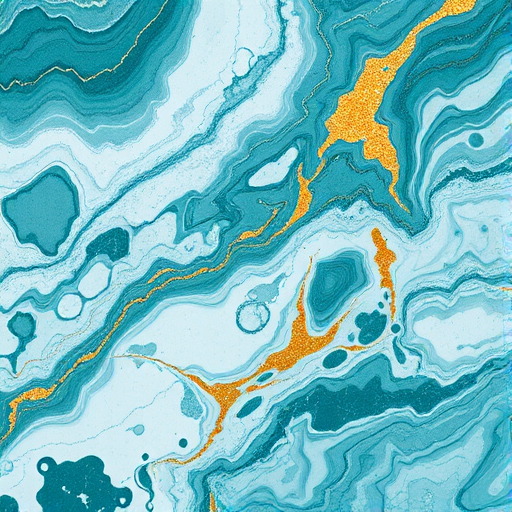 Generate a high-resolution image of a marbled surface with intricate teal and white patterns, accentuated with gold veins, shot with a DSLR camera at ISO 100, f/8 aperture, 50mm lens, and a top-down view for maximum detail.