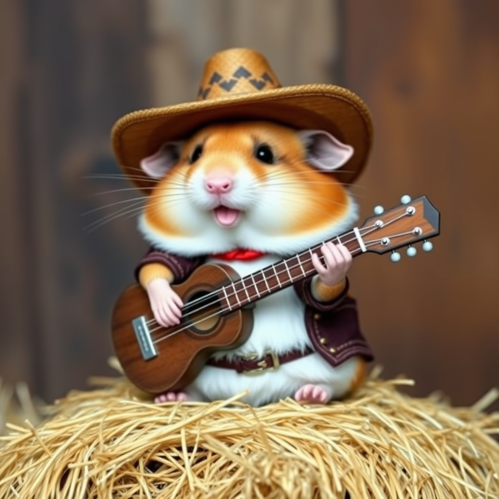 A chibi hamster, dressed as a cowboy, playing guitar, sitting on a hay bale